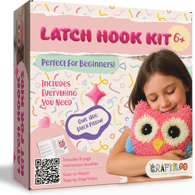 CRAFTILOO Latch Hook Kit for Kids Rug DIY Pillow Craft with Hook, Precut Yarn, Easy to Follow Pattern Cute Designs with Wise Owl Ages 6+ - Image 1